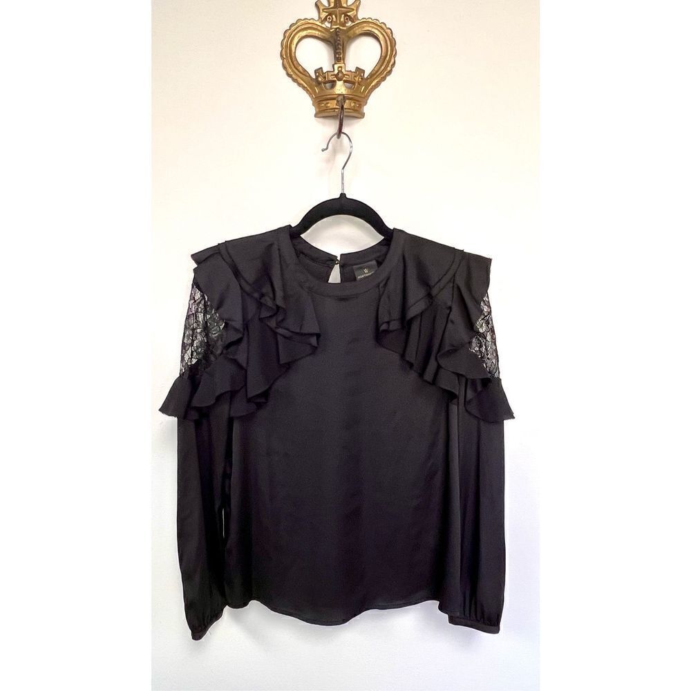 Worthington Womens Black Ruffled Trim Lace Cold Shoulder Top Blouse Size XS